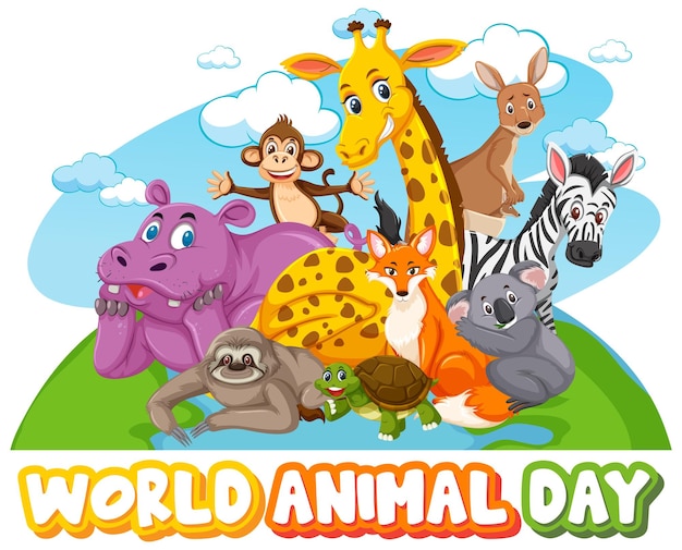 Banner del día mundial de los animales con animales salvajes en estilo de dibujos animados