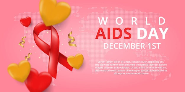 Banner del día mundial del sida con cinta roja realista y globos de amor para el día de concientización sobre el sida.