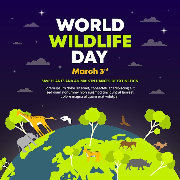 Vector banner del día mundial de la vida silvestre con plantas y animales en el mundo