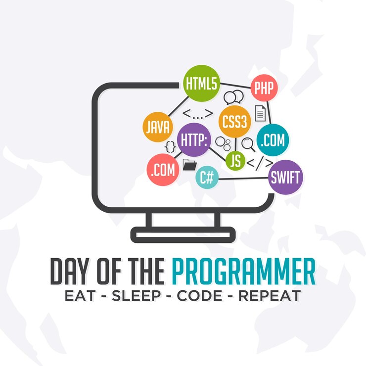 Vector banner del día del programador o tarjeta de felicitación con código y símbolo de monitor