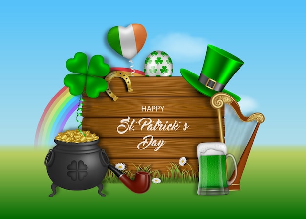 Vector banner del día de san patricio con globos de elementos irlandeses y tablero de madera
