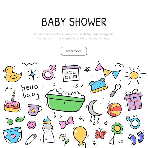 Banner dibujado a mano de elementos de bebé. Plantilla de diseño de fondo. Iconos en estilo lineal dibujado a mano. Ilustración vectorial.