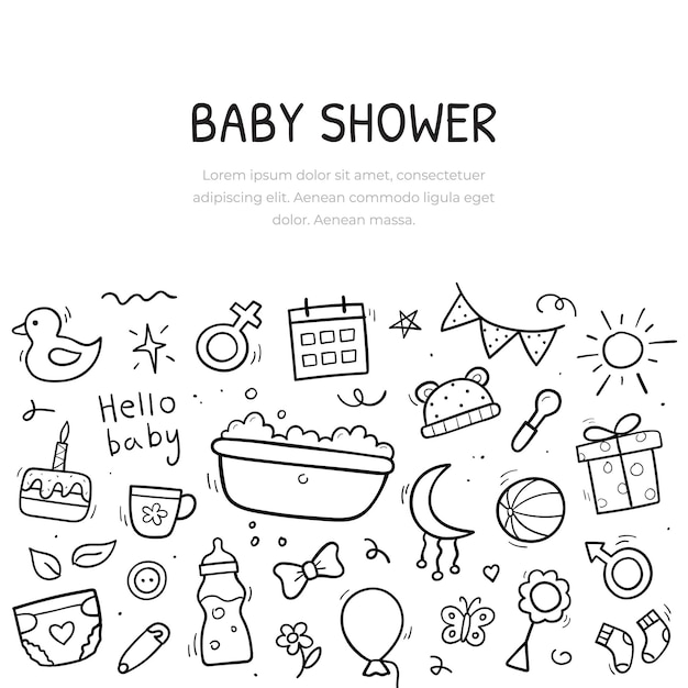 Banner dibujado a mano de elementos y objetos para bebés. Diseño de plantilla de fondo. Símbolos en estilo lineal dibujado a mano. Ilustración vectorial.