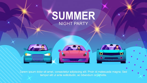 Vector banner de dibujos animados de texto que promueve la fiesta de verano de automóviles