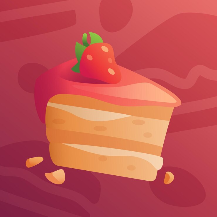 Banner de dibujos animados con un trozo de pastel y fresas