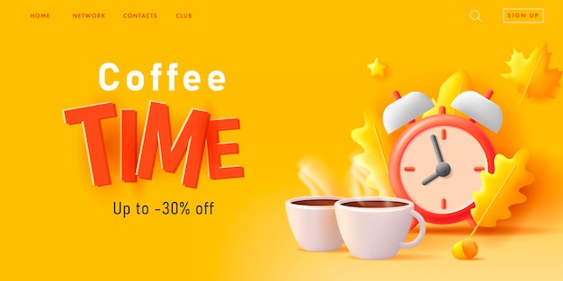 Banner digital con ilustración 3d de hojas de otoño con reloj y tazas de café