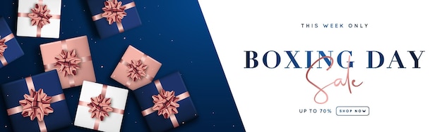 Vector banner de diseño de boxing day banner de venta y cajas de regalos de vista superior en azul oscuro