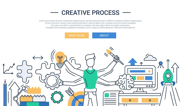 Banner de diseño de línea de proceso creativo con hombre de muchas manos