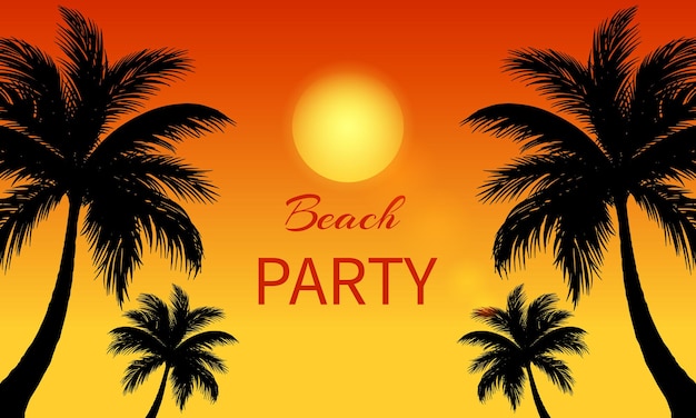 Banner para el diseño de plantilla de invitación de fiesta de verano y playa con palmera en el fondo del atardecer