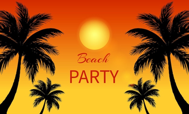 Vector banner para el diseño de plantilla de invitación de fiesta de verano y playa con palmera en el fondo del atardecer