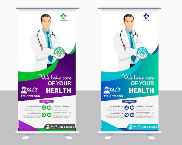 Banner de diseño de standee y enrollado médico y de atención médica, vector de banner enrollado médico corporativo.