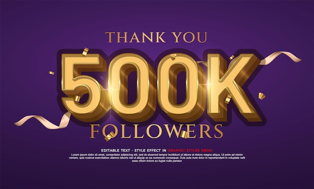 Banner de diseño de suscriptores y seguidores de redes sociales con efecto de texto dorado vectorial 500k