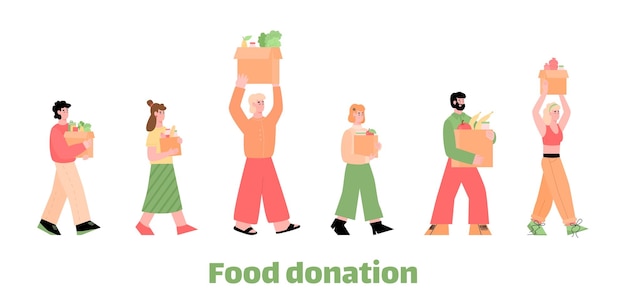 Banner de donación de alimentos con personas que sostienen cajas de comestibles ilustración vectorial plana