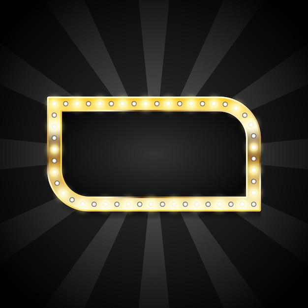 Banner dorado vacío con lámpara y fondo negro