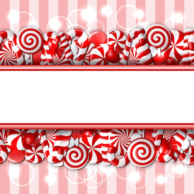 Banner dulce con caramelos rojos y blancos. Patrón sin costuras. Ilustración vectorial
