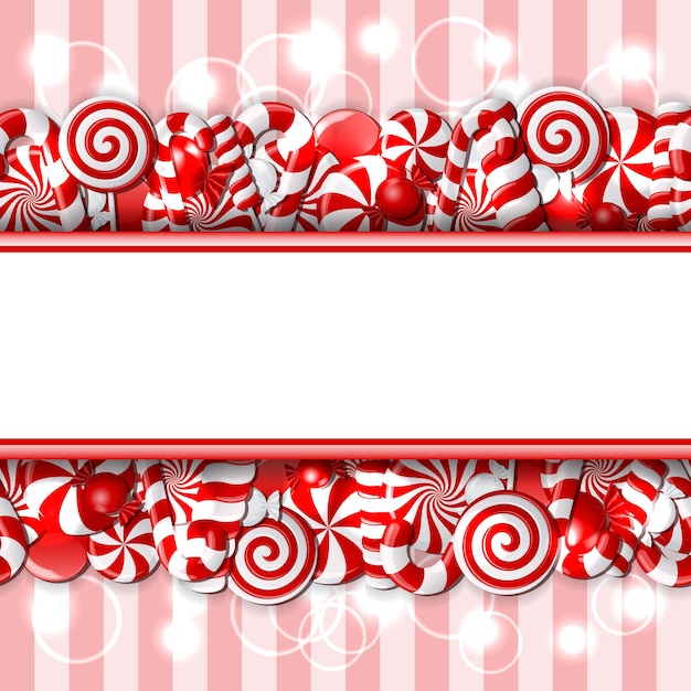 Banner dulce con caramelos rojos y blancos. patrón sin costuras. ilustración vectorial