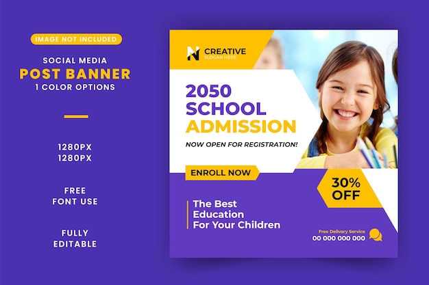 Banner de educación para la admisión a la escuela de niños. banner de publicación de redes sociales de educación universitaria escolar