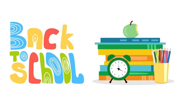 Banner de educación conceptual Texto de regreso a la escuela y libro con lápiz y manzana y símbolo de alarma