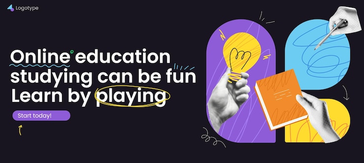 Vector banner de educación escolar en línea con plantilla de página de aterrizaje forma divertida elemento de mano de medio tono bombilla
