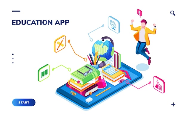 Banner de educación isométrica o página de inicio de isometría para la aplicación de teléfono inteligente de la escuela en línea, la universidad digital o la biblioteca. Hombre, globo, libro, teléfono para webinar o tutorial, estudio. Enseñando
