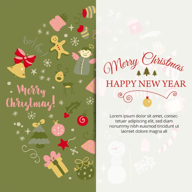 Banner con elementos de diseño navideño en estilo doodle vector de logotipo caligráfico de tarjeta postal navideña