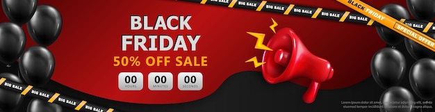 Vector banner de encabezado de black friday con cuenta regresiva de venta, globos 3d de megáfono rojo y cintas de descuento cruzadas