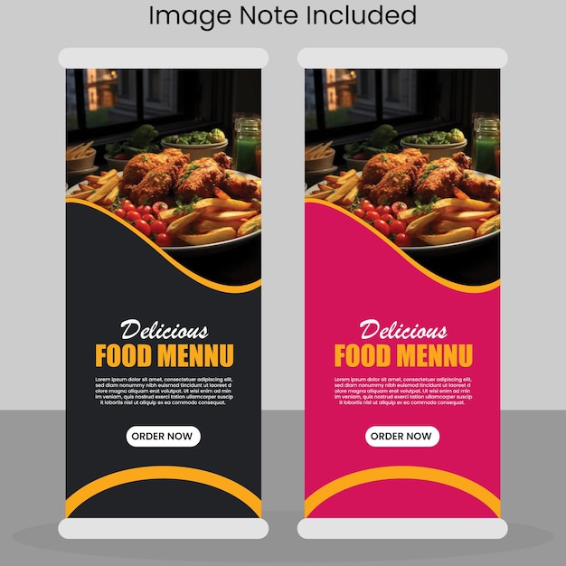 Banner enrollable de comida y plantilla de diseño de menú de comida deliciosa