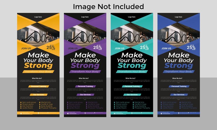 Banner enrollable de fitness profesional moderno y de tendencia o plantilla de diseño de banner de gimnasio x