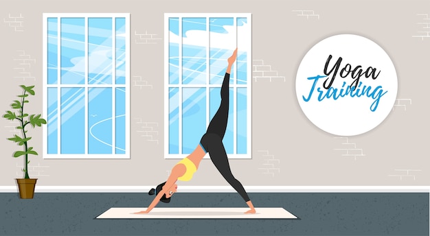 Banner de entrenamiento de yoga en estilo plano. Chica joven atractiva en ropa deportiva practicando yoga interior. Estilo de vida saludable, tranquilidad y meditación en el gimnasio. Armonízate en el estudio de yoga