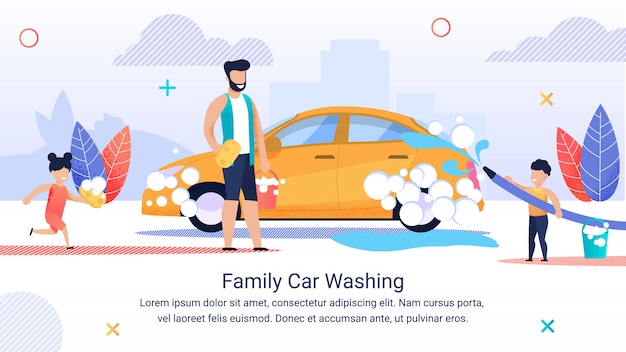 Banner escrito Family Car Washihg, familia feliz.