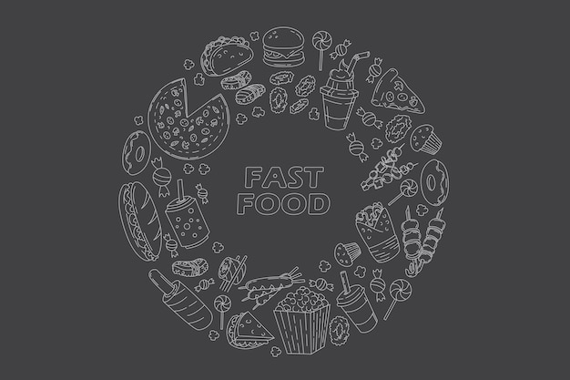 Banner de Establecer garabatos de comida rápida o iconos de línea en el menú negro o el diseño del paquete de alimentos Composición del círculo Trazo editable
