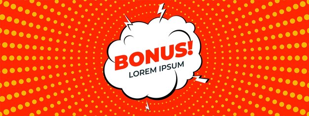 Banner con estilo de arte pop Efecto de semitono bonificación explosión de nube de dibujos animados cómicos Venta o descuento cartel vector fondo brillante Ilustración de oferta de banner de bonificación