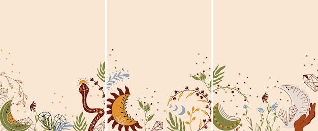 Vector banner en estilo boho con una mano sosteniendo la luna, serpiente mística, sol, flores y hojas.