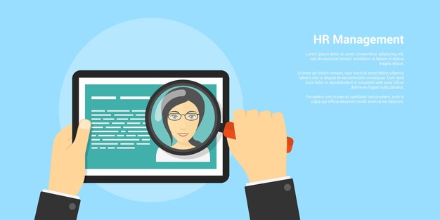banner de estilo, concepto de recursos humanos y reclutamiento, mano humana con lupa y avatar de mujer