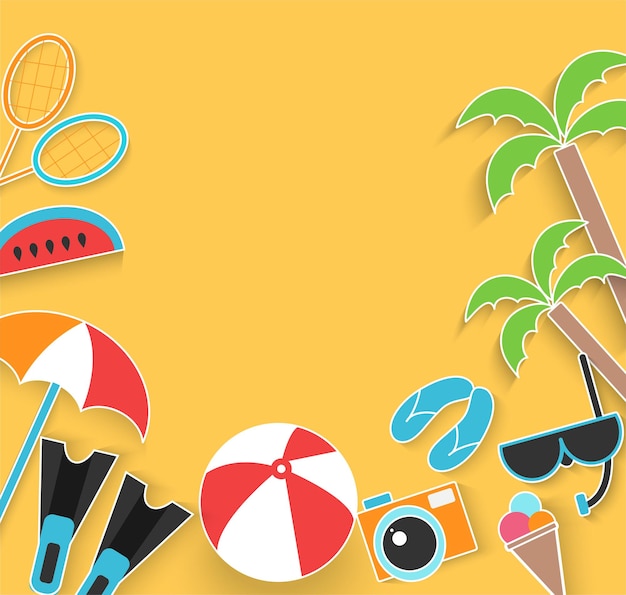 Vector banner de estilo de corte de papel de verano con elementos de playa como máscara de snorkel, pelota, helado, aletas, sombrero.