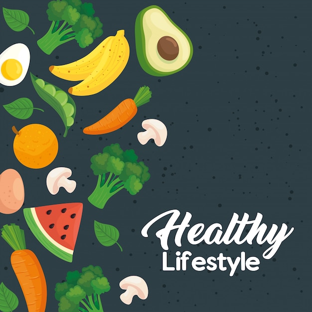 Vector banner estilo de vida saludable, con frutas y verduras