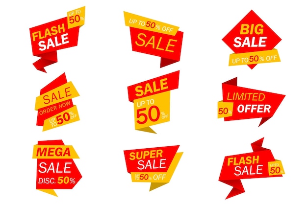 Banner de etiqueta de etiqueta de descuento de venta roja y amarilla o colección de etiquetas