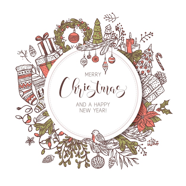 Banner, etiqueta o emblema de feliz Navidad y feliz año nuevo redondo con lindos elementos festivos de dibujo y decoraciones. Boceto de fondo e ilustración de vacaciones