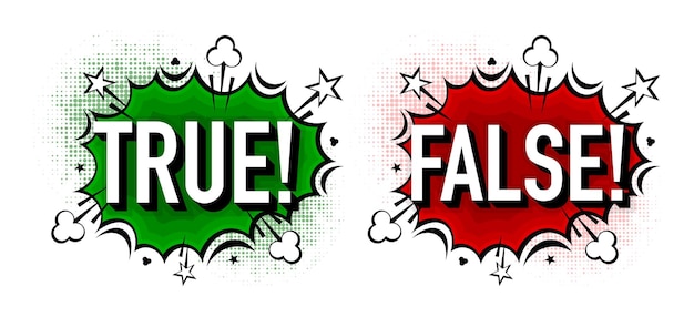 Banner falso verde verdadero y rojo en estilo pop en burbuja de auge Signo simple verdadero y falso aceptado y rechazado Ilustración vectorial