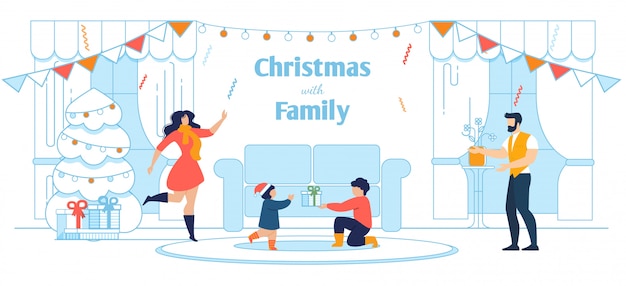 Vector banner de familia feliz celebrando la navidad en casa