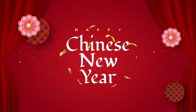 Banner de felicitación de año nuevo chino con flores, patrón oriental y confeti dorado aislado sobre fondo rojo.