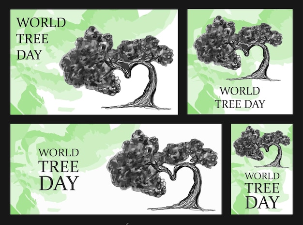 Vector banner de felicitación para el día mundial del árbol día de plantación de árboles bonsái dibujado a lápiz