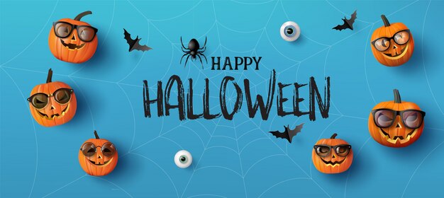 Banner de felicitación de Halloween feliz con calabazas y murciélagos. Estilo de corte de papel.