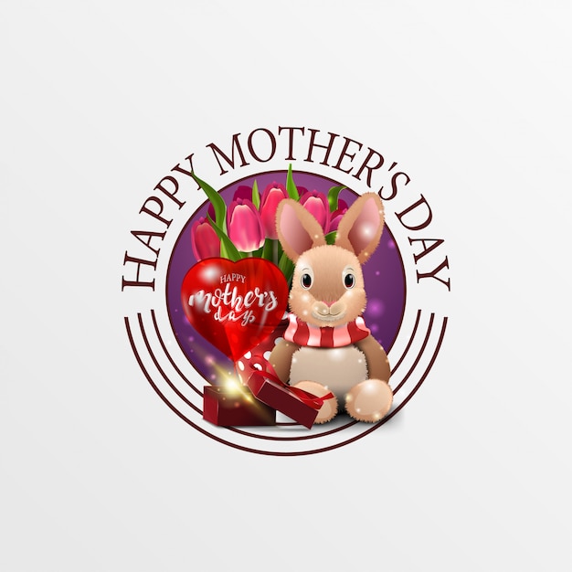Vector banner de felicitación redondo para el día de la madre con conejo de peluche, tulipanes y regalo
