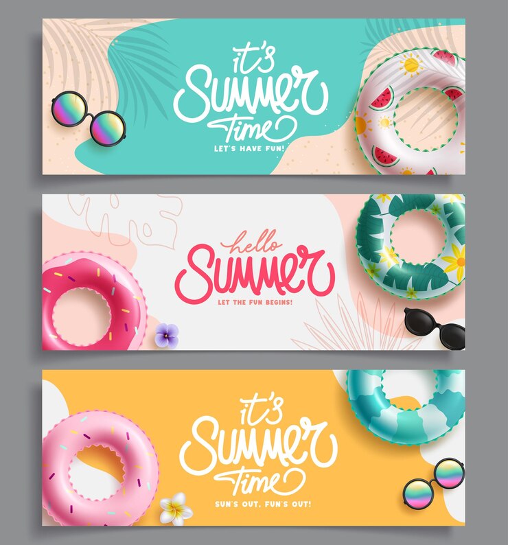 Vector banner de felicitaciones de verano clip art con flotadores y gafas de sol