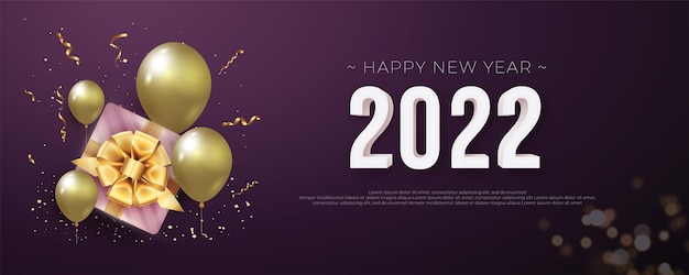 Banner de feliz año nuevo 2022 en fondo púrpura