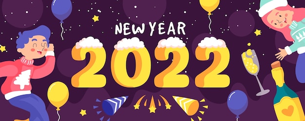 Banner de feliz año nuevo 2022 plano dibujado a mano