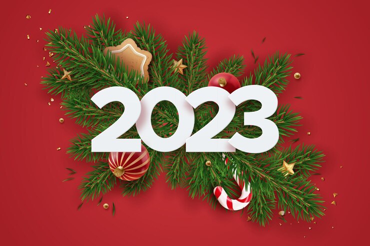 Vector banner de feliz año nuevo 2023 con brunches de abeto de caramelo y elementos navideños