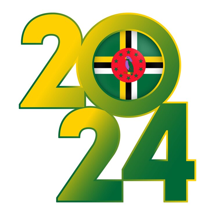 Vector banner de feliz año nuevo 2024 con la bandera de dominica dentro de la ilustración vectorial