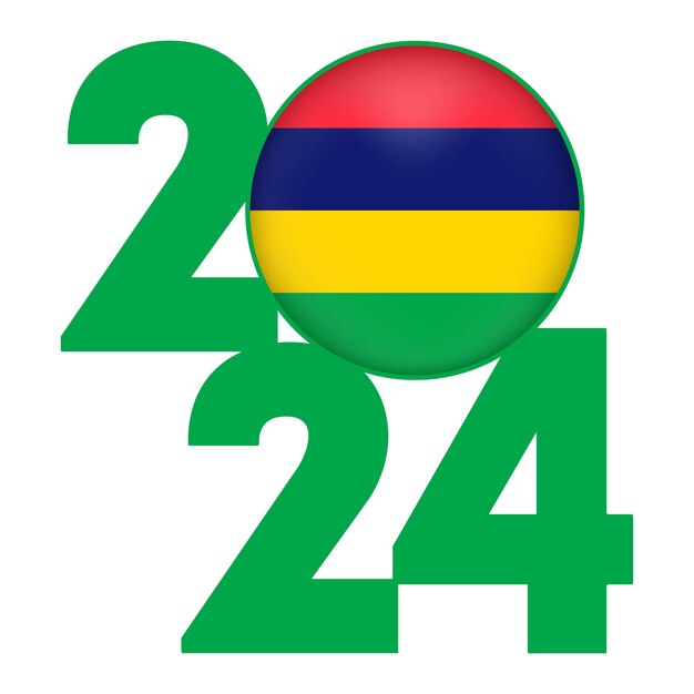 Banner de feliz año nuevo 2024 con la bandera de Mauricio dentro de la ilustración vectorial